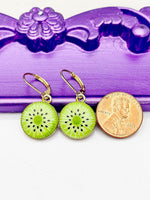 Kiwi Earrings, Hypoallergenic Earrings, Gold Green Kiwi Charm, Fruit Foodie Summer Jewelry Gift, Dangle Hoop Leverback Earrings, L250