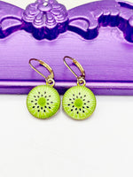 Kiwi Earrings, Hypoallergenic Earrings, Gold Green Kiwi Charm, Fruit Foodie Summer Jewelry Gift, Dangle Hoop Leverback Earrings, L250