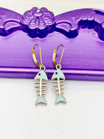 Fishbone Earrings, Hypoallergenic Earrings, Gold Fishbone Charm, Fishbone Jewelry Gift, Dangle Hoop Leverback Earrings, L253