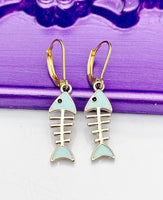 Fishbone Earrings, Hypoallergenic Earrings, Gold Fishbone Charm, Fishbone Jewelry Gift, Dangle Hoop Leverback Earrings, L253