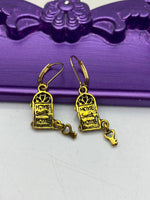 Door with Key Earrings, Hypoallergenic Earrings, Gold Door with Key Charm, Home Jewelry Gift, Dangle Hoop Lever back Earrings, L272