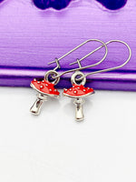 Mushroom Earrings, Hypoallergenic Earrings, Red Mushroom Charm, Mushroom Forest Nature Jewelry Gift, Dangle Hoop Leverback Earrings, L297