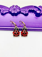 Ladybug Earrings, Hypoallergenic Earrings, Gold Red Black Ladybug Charm, Ladybug Bug Jewelry Gift, Dangle Hoop Lever-back Earrings, L317