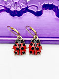 Ladybug Earrings, Hypoallergenic Earrings, Gold Red Black Ladybug Charm, Ladybug Bug Jewelry Gift, Dangle Hoop Lever-back Earrings, L317