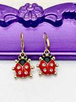 Ladybug Earrings, Hypoallergenic Earrings, Gold Red Ladybug Charm, Ladybug Bug Jewelry Gift, Dangle Hoop Lever-back Earrings, L318