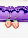 Strawberry Earrings, Hypoallergenic Earrings, Gold Red Strawberry Charm, Strawberry Fruit Jewelry Gift, Dangle Hoop Lever-back Earrings L327
