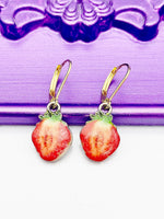 Small Strawberry Earrings, Hypoallergenic Earrings Gold Strawberry Charm Strawberry Fruit Jewelry Gift, Dangle Hoop Lever-back Earrings L328