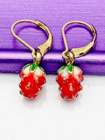 Small Strawberry Earrings, Hypoallergenic Earrings Gold Strawberry Charm Strawberry Fruit Jewelry Gift, Dangle Hoop Lever-back Earrings L330