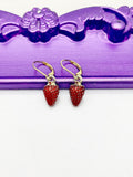 Small Strawberry Earrings, Hypoallergenic Earrings Gold Strawberry Charm Strawberry Fruit Jewelry Gift, Dangle Hoop Lever-back Earrings L331
