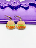 Hamburger Earrings, Hypoallergenic Earrings, Gold Hamburger Charm, Hamburger Foodie Jewelry Gift, Dangle Hoop Lever-back Earrings L336