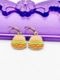 Hamburger Earrings, Hypoallergenic Earrings, Gold Hamburger Charm, Hamburger Foodie Jewelry Gift, Dangle Hoop Lever-back Earrings L336