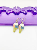 Ice Cream Cone Earrings, Hypoallergenic Earrings, Gold Ice Cream Charm, Ice Cream Jewelry Gift, Dangle Hoop Lever-back Earrings L340