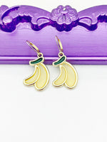 Banana Earrings, Hypoallergenic Earrings, Gold Yellow Banana Charm, Banana Fruit Jewelry Gift, Dangle Hoop Lever-back Earrings L341