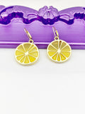 Lemon Earrings, Hypoallergenic Earrings, Gold Yellow Lemon Charm, Lemon Jewelry Gift, Dangle Hoop Lever-back Earrings L342