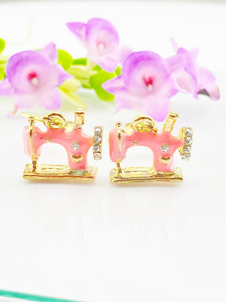 Sewing Machine Earrings, Pink, Tailor Seamstress Jewelry Gift, Dress Maker Fashion Student Gift, Hypoallergenic, Gold Earrings, L034