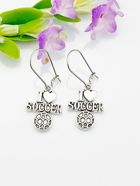 Soccer Earrings, I Heart Soccer Charm, Girls Soccer Coach Team Jewelry Gift, Mother's Day Gift, Hypoallergenic, Silver Earrings, L045