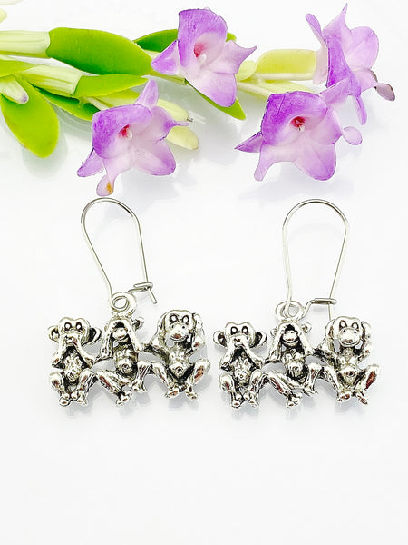 Wise Monkey Earrings, Tri Wise Monkey Charm, Three Wise Monkey Jewelry Gift, Hypoallergenic Earrings, Silver Earrings, L099