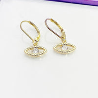 Evil Eye Earrings, Real 18K Gold Plated Brass Eye Cubic Zirconia Charms, Hypoallergenic, Dangle Hoop Lever-back Earrings, L409