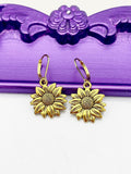 Sunflower Earrings, Gold Sunflower Charm, Sunflower Jewelry Gift, Hypoallergenic, Hoop Lever back Earrings, L112
