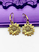 Sunflower Earrings, Gold Sunflower Charm, Sunflower Jewelry Gift, Hypoallergenic, Hoop Lever back Earrings, L112