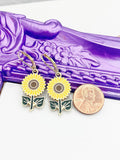 Sunflower Earrings, Gold Sunflower Charms, Hypoallergenic, Dangle Hoop Lever-back Earrings, L420