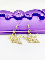Crane Earrings, Hypoallergenic Earrings, Gold Origami Paper Crane Charm, Origami Paper Crane Jewelry Gift, Dangle Hoop Earrings, L192