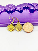Sunflower Earrings, Hypoallergenic Earrings, Gold Sunflower Charm, Sunflower Floral Jewelry Gift, Dangle Hoop Earrings, L199