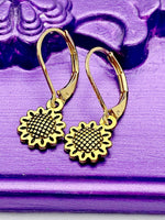 Sunflower Earrings, Hypoallergenic Earrings, Gold Sunflower Charm, Sunflower Floral Jewelry Gift, Dangle Hoop Earrings, L200