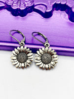 Sunflower Earrings, Hypoallergenic Earrings, Silver Sunflower Charm, Sunflower Floral Jewelry Gift, Dangle Hoop Earrings, L203