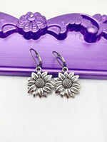 Sunflower Earrings, Hypoallergenic Earrings, Silver Sunflower Charm, Sunflower Floral Jewelry Gift, Dangle Hoop Leverback Earrings, L204
