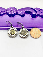 Daisy Earrings, Hypoallergenic Earrings, Silver Daisy flower Charm, Daisy Floral Jewelry Gift, Dangle Hoop Leverback Earrings, L206