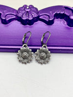 Sunflower Earrings, Hypoallergenic Earrings, Silver Sunflower Charm, Sunflower Floral Jewelry Gift, Dangle Hoop Leverback Earrings, L209
