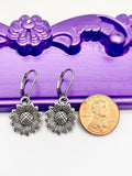 Sunflower Earrings, Hypoallergenic Earrings, Silver Sunflower Charm, Sunflower Floral Jewelry Gift, Dangle Hoop Leverback Earrings, L209