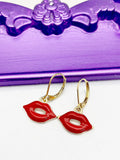 Makeup Artist Earrings, Hypoallergenic Earrings, Gold Red Lip Charm, Lip Makeup Artist Jewelry Gift, Dangle Hoop Leverback Earrings, L216
