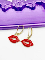 Makeup Artist Earrings, Hypoallergenic Earrings, Gold Red Lip Charm, Lip Makeup Artist Jewelry Gift, Dangle Hoop Leverback Earrings, L216