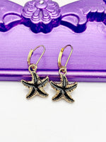 Starfish Earrings, Hypoallergenic Earrings, Gold Black Starfish Charm, Ocean Beach Summer Jewelry Gift, Dangle Hoop Leverback Earrings, L227