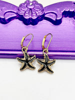 Starfish Earrings, Hypoallergenic Earrings, Gold Black Starfish Charm, Ocean Beach Summer Jewelry Gift, Dangle Hoop Leverback Earrings, L227