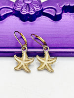Starfish Earrings, Hypoallergenic Earrings, Gold Starfish Charm, Ocean Beach Summer Jewelry Gift, Dangle Hoop Leverback Earrings, L228