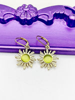 Sun Earrings, Hypoallergenic Earrings, Gold Cat Eye Sun Sunbursts Charm, Summer Jewelry Gift, Dangle Hoop Leverback Earrings, L235