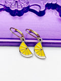 Lemon Earrings, Hypoallergenic Earrings, Gold Yellow Lemon Charm, Summer Jewelry Gift, Dangle Hoop Leverback Earrings, L238