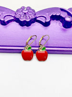 Apple Earrings, Hypoallergenic Earrings, Gold Red Apple Charm, Teacher Jewelry Gift, Dangle Hoop Leverback Earrings, L239