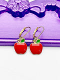 Apple Earrings, Hypoallergenic Earrings, Gold Red Apple Charm, Teacher Jewelry Gift, Dangle Hoop Leverback Earrings, L239