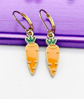 Carrot Earrings, Hypoallergenic Earrings, Gold Orange Carrot Charm, Carrot Vegetable Jewelry Gift, Dangle Hoop Leverback Earrings, L246