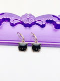 Cute Black Cat Earrings, Hypoallergenic Earrings, Gold Black Cat Charm, Animal Pet Cat Jewelry Gift, Dangle Hoop Leverback Earrings, L257