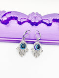 Palm Blue Evil Eye Earrings Hypoallergenic Earrings Silver Evil Eye Charm, Hamsa Evil Eye Jewelry Gift, Dangle Hoop Leverback Earrings, L258