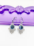 Palm Blue Evil Eye Earrings Hypoallergenic Earrings Silver Evil Eye Charm, Hamsa Evil Eye Jewelry Gift, Dangle Hoop Leverback Earrings, L258