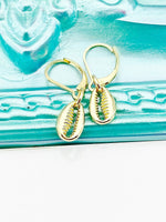 Gold Cowrie Earrings, Hypoallergenic, Dangle Hoop Lever-back Earrings, L446