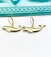 Gold Dolphin Earrings, Hypoallergenic, Dangle Hoop Lever-back Earrings, L448