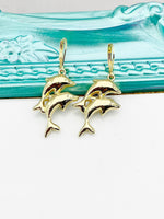 Gold Dolphin Earrings, Hypoallergenic, Dangle Hoop Lever-back Earrings, L451