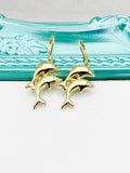 Gold Dolphin Earrings, Hypoallergenic, Dangle Hoop Lever-back Earrings, L451